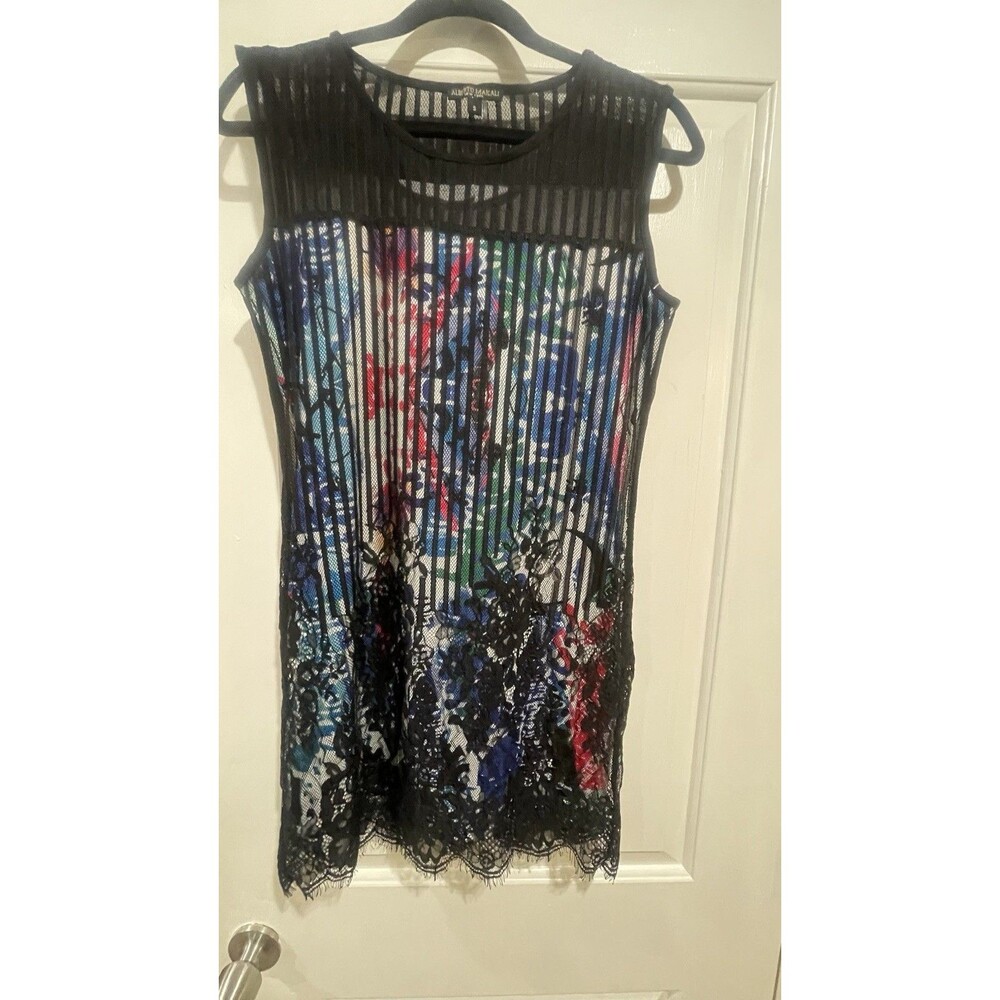Alberto Makali Black Floral Lace Graffiti Print Shift Dress. Size S.